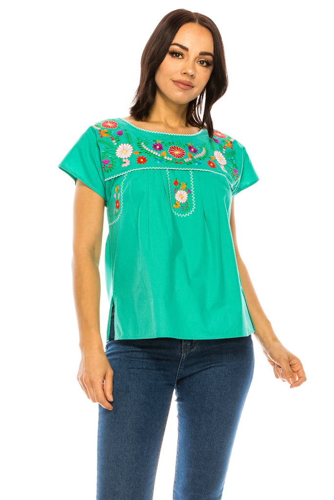 Unik Women's Short Sleeve Embroidered Roses Blouse and Matching Capri Set,  Mint Size Medium